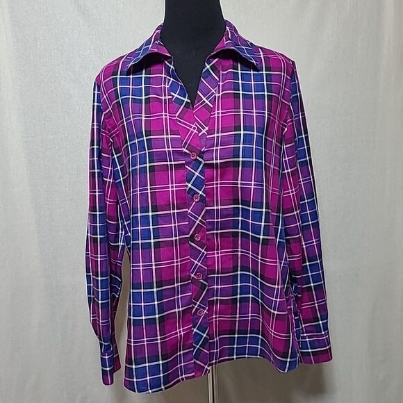 Investments Gold Label Womens Size 14 Purple Plaid Button up Shirt EUC - Picture 1 of 10